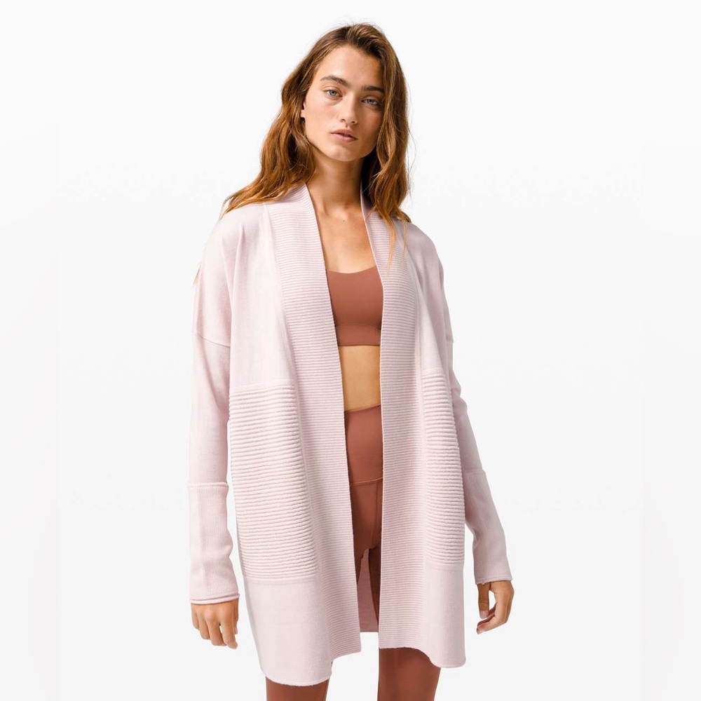 Lululemon Sit In Lotus Wrap II Feather Pink Open Wool Cardigan Size Medium